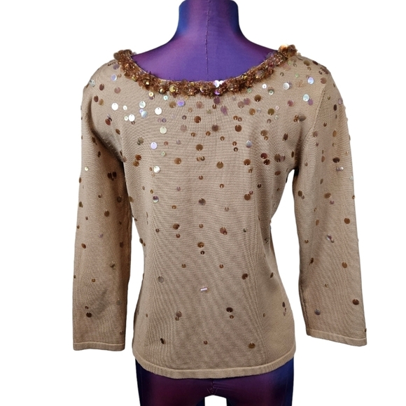 Talbots Taupe Silk Blend Sequin‎ 3/4 Sleeve Blouse Size Small Women's - Picture 5 of 8